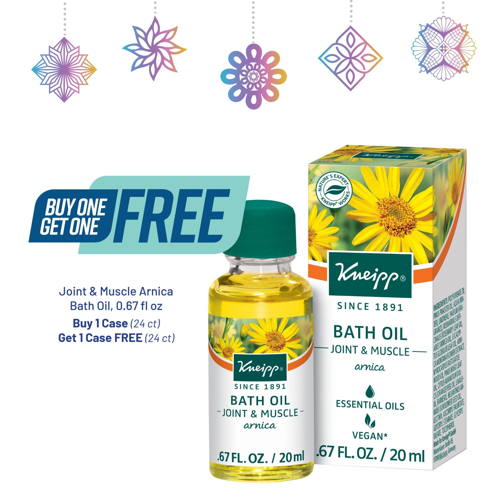 1 0.67 fl oz bottle displayed of Kneipp arnica bath oil, verbiage explaining that it is buy 1 24ct case of 0.67fl oz arnica bath oil, get one 24ct case of 0.67fl oz arnica bath oil free.