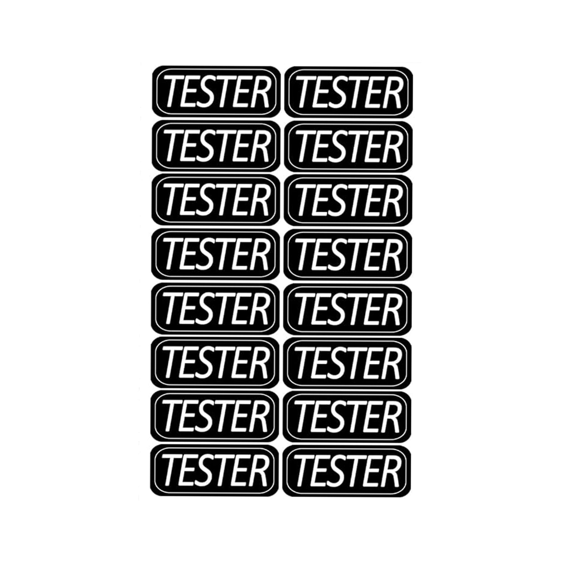 image of a sheet of black rectangular stickers with "Tester" in white letters